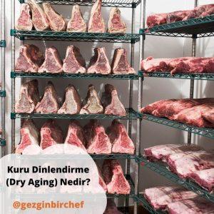 Dry aging dolabında asılı, yüzeyinde koyu kabuk oluşmuş kuru dinlendirilmiş et