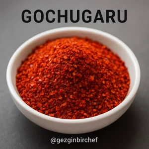 Kızıl renkli, pul pul öğütülmüş gochugaru biberi, kimchiye rengini veren toz halinde bir kapta duruyor.