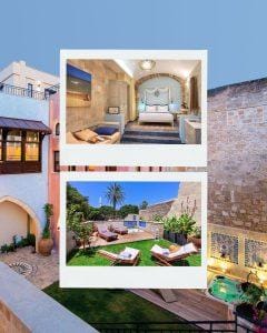 Rodos eski şehirdeki In Camera Boutique Hotel'in taş avlusu ve butik otel oturma alanı