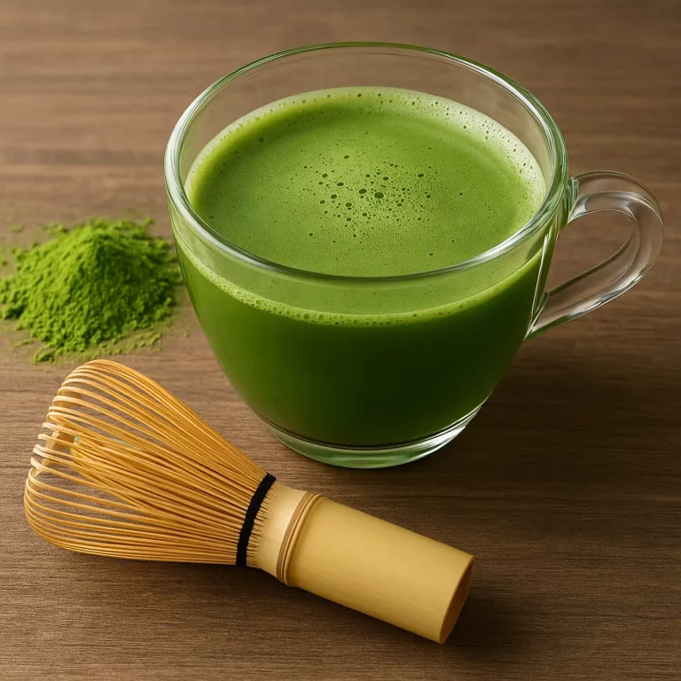 Geleneksel bambu karıştırıcıyla hazırlanmış, kremsi köpüklü, zümrüt yeşili rengi ve pürüzsüz kıvamıyla canlandıran otantik matcha çayı.