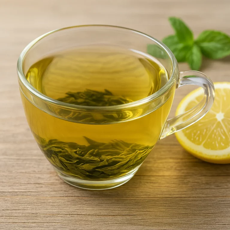 Yeşil Çay Tarifi: Taze demlenmiş, dumanı tüten berrak ve açık yeşil renkteki yeşil çay, yanında kuru çay yaprakları ve bir dilim limonla sunulan ferahlatıcı ve sağlıklı bir içecek.