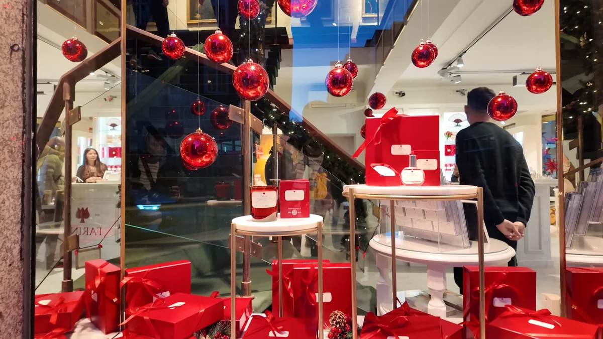 The Christmas-decorated window of the Farina shop, birthplace of Eau de Cologne