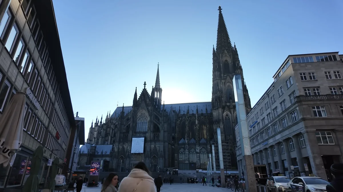 The Gothic towers of Cologne Cathedral (Kölner Dom) seen from the square in front of Cologne Central Station