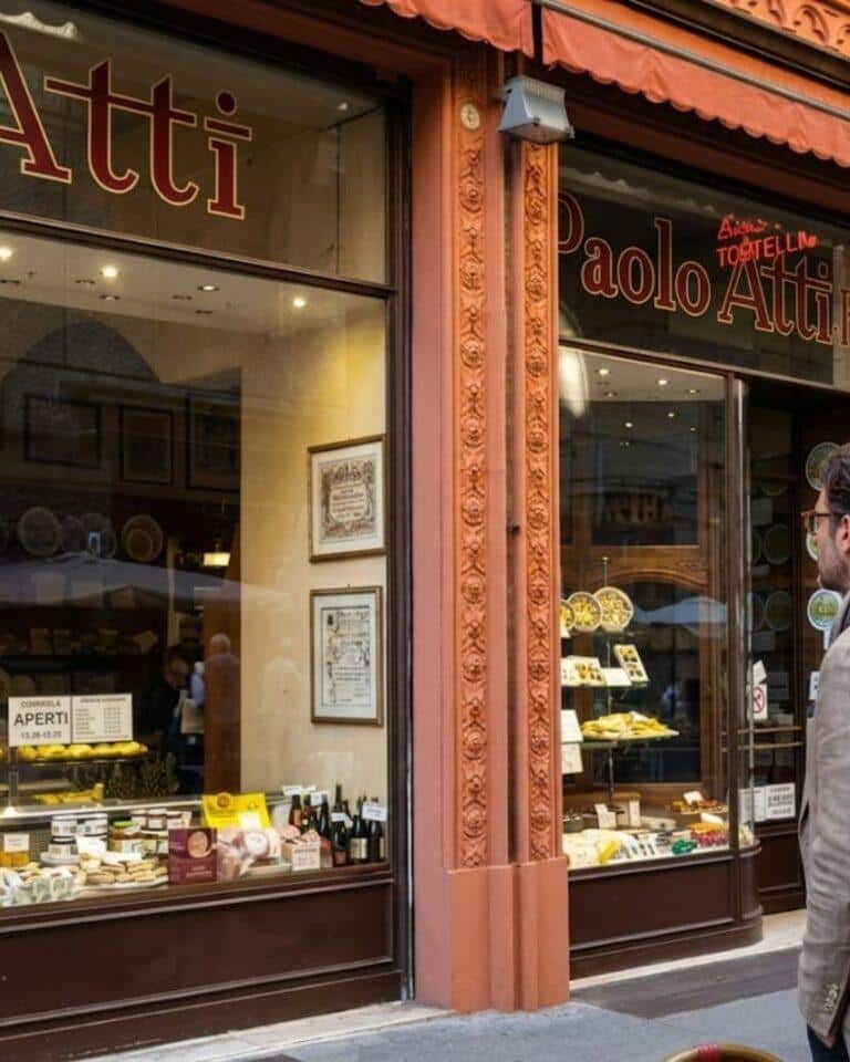 Tarihi Paolo Atti & Figli fırınının nostaljik vitrininde sergilenen geleneksel Bolonya pirinç pastası Torta di Riso