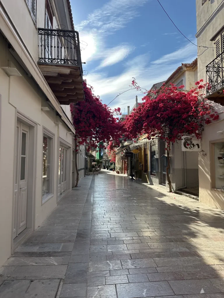 Nafplio'da begonvillerle kaplı renkli evlerin olduğu sokak