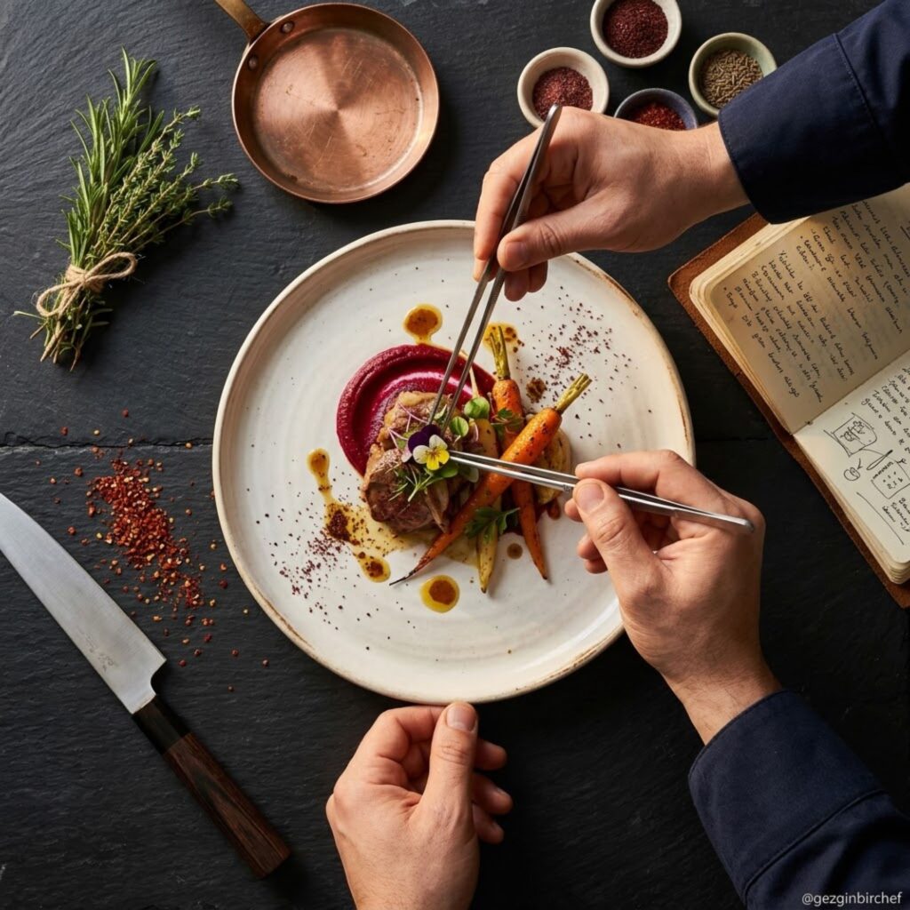 Gastronomi nedir sorusunu anlatan profesyonel mutfakta şefin tabak sunumu