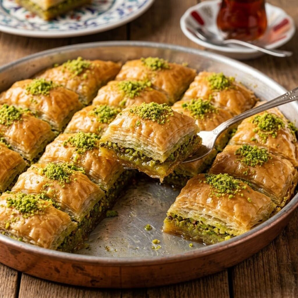 Fıstıklı baklava dilimleri, şerbetini emmiş parlak yüzeyiyle bakır tepside eşkenar dörtgen şeklinde dizilmiş duruyor.