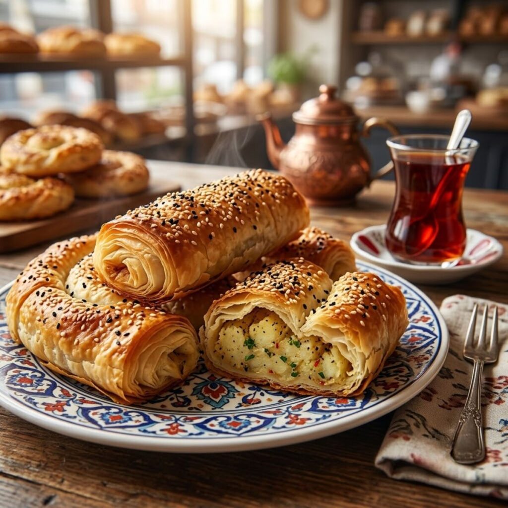 Hazır yufkayla katlanmış, üzeri altın sarısı kızarmış patatesli börek dilimleri fırın tepsisinde yan yana duruyor.