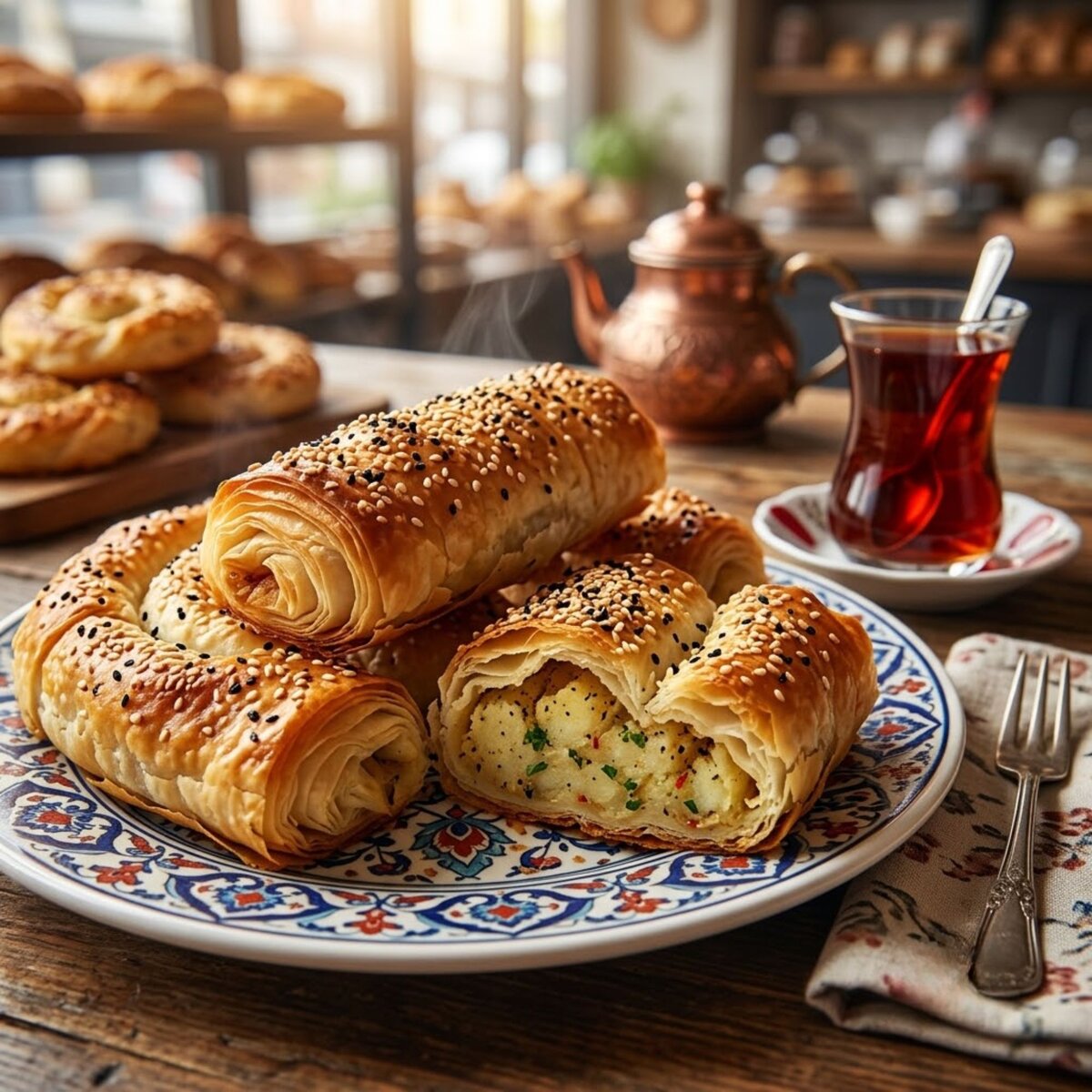 Hazır yufkayla katlanmış, üzeri altın sarısı kızarmış patatesli börek dilimleri fırın tepsisinde yan yana duruyor.