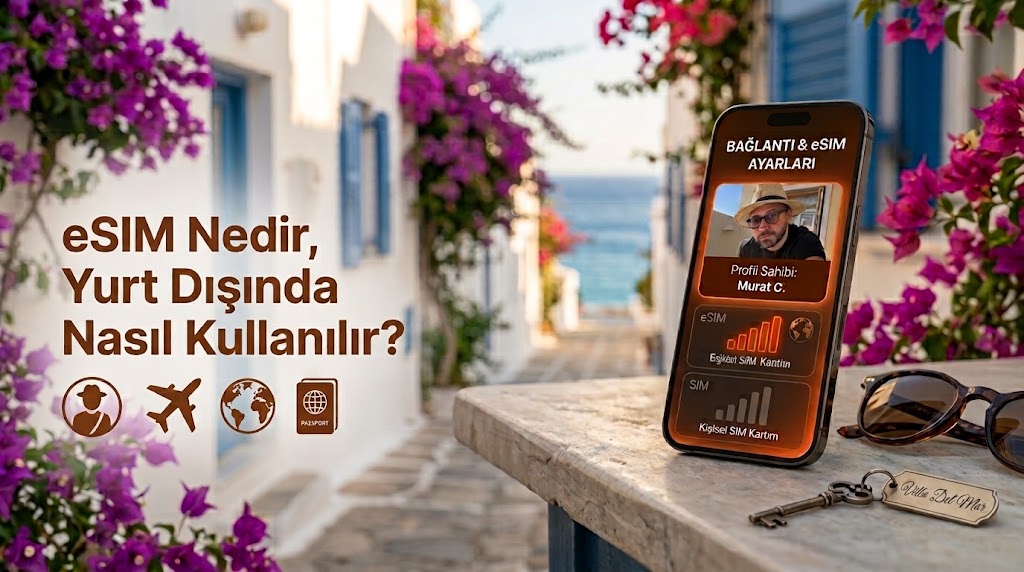 eSIM Nedir, Yurt Dışında Nasıl Kullanılır? Türkiye'de Durum ve Karşılaştırma Yurt dışında eSIM kullanan bir gezgin: telefon ekranında biri kapalı biri açık iki hat, Akdeniz sokağında