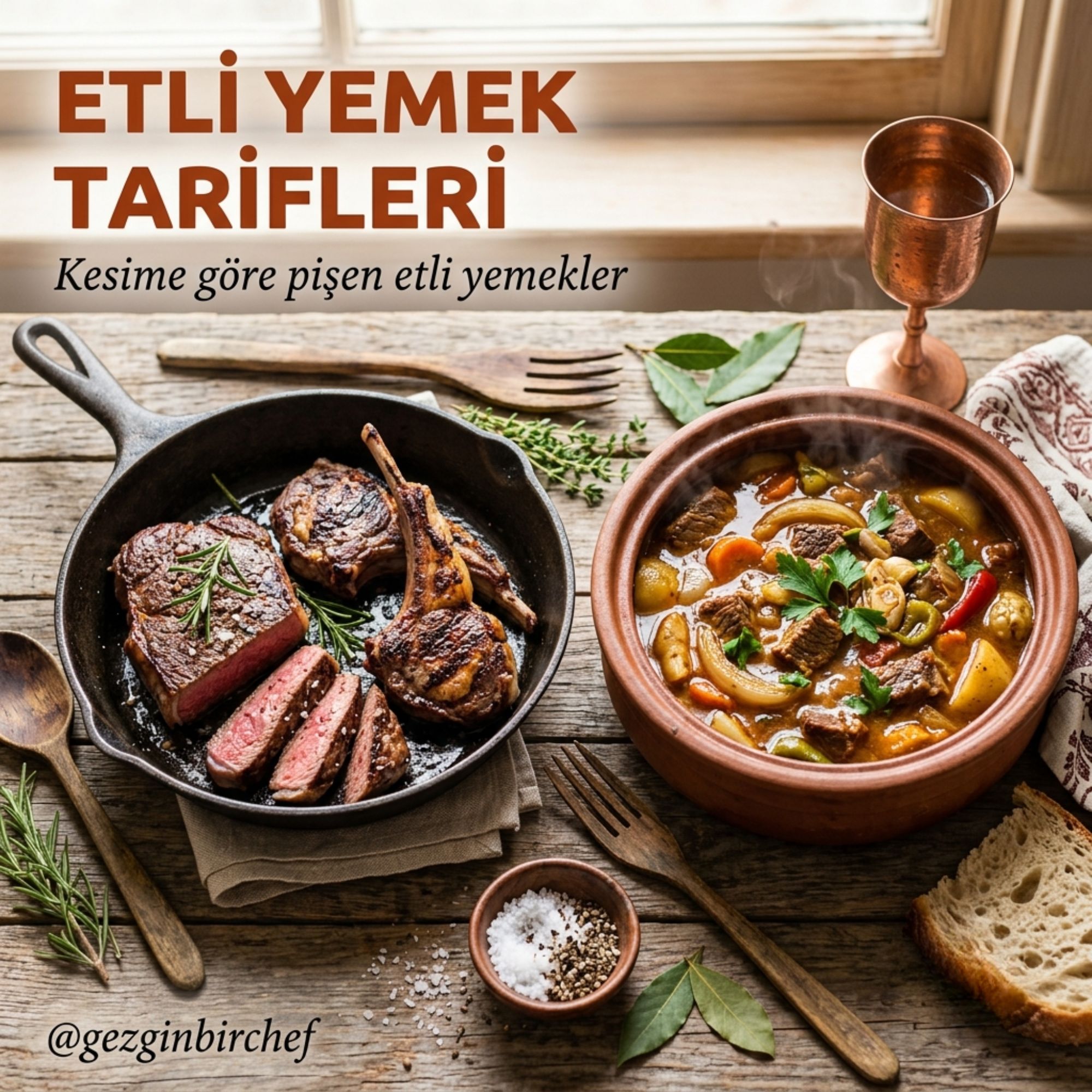 Döküm tavada mühürlenmiş biftek ve kuzu pirzola ile güveçte pişmiş etli sebze yemeği bir arada