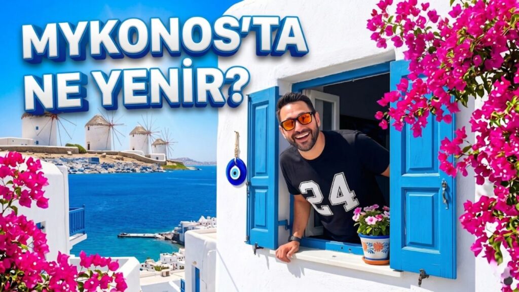Mykonos'ta Jimmy's Gyros'ta alınan bol malzemeli gyros dürüm ve yanında patates kızartması