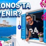 Mykonos'ta Jimmy's Gyros'ta alınan bol malzemeli gyros dürüm ve yanında patates kızartması