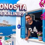 Mikonos'ta konaklama seçenekleri, beyaz badanalı otel ve deniz manzarası