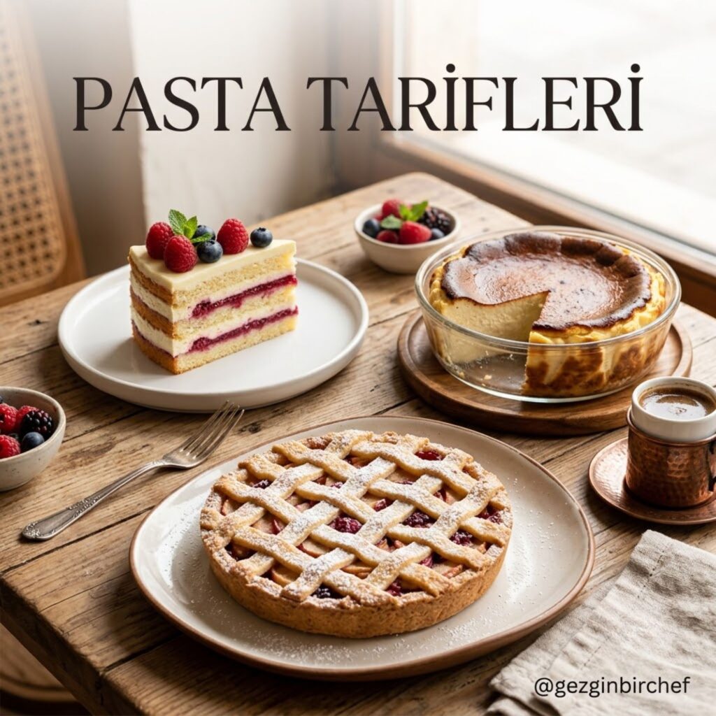 Katmanlı yaş pasta dilimi, San Sebastian cheesecake ve örgü hamurlu meyveli turta bir arada