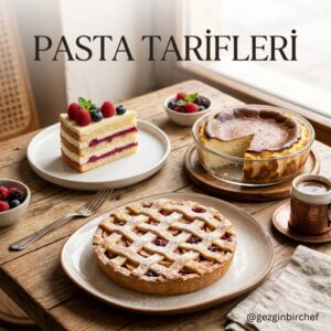 Katmanlı yaş pasta dilimi, San Sebastian cheesecake ve örgü hamurlu meyveli turta bir arada
