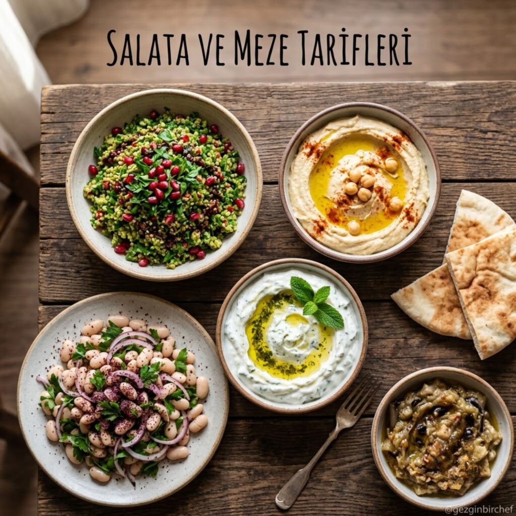 Kısır, humus, haydari ve piyazdan oluşan salata ve meze tabağı bir arada sunuluyor