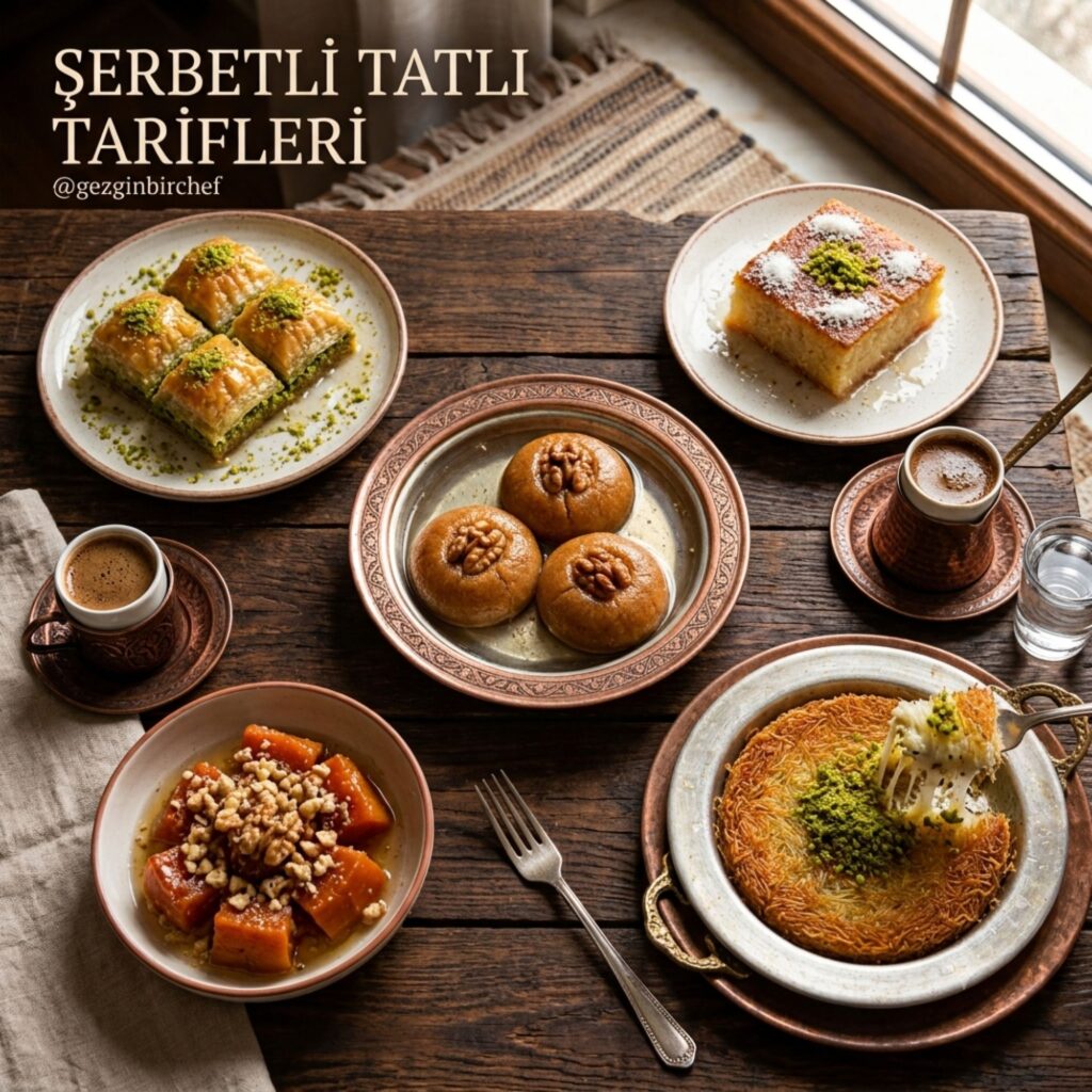 Baklava, revani, şekerpare ve künefeden oluşan şerbetli tatlı tabağı bir arada sunuluyor
