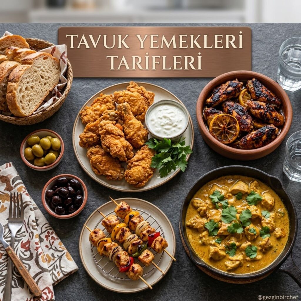 Çıtır tavuk, fırında tavuk kanat, tavuk şiş ve köri soslu tavuktan oluşan tabak bir arada sunuluyor