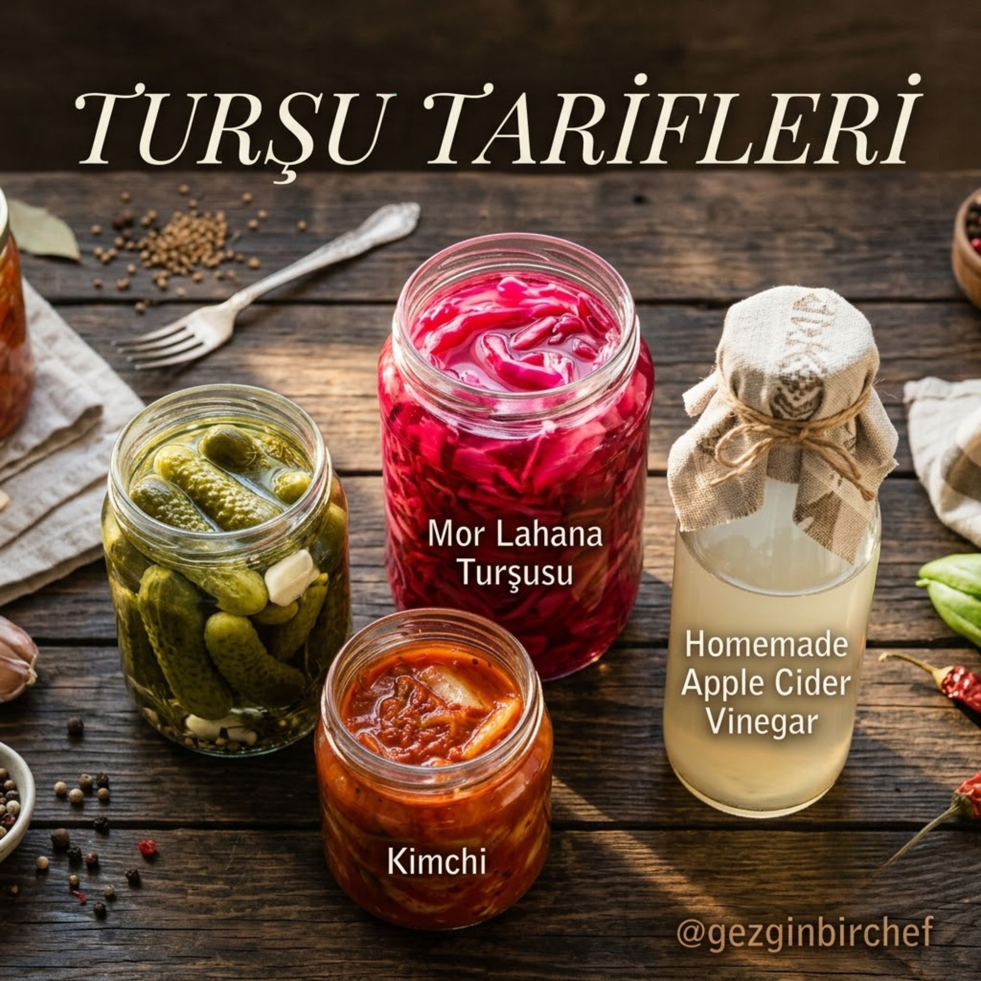 Mor lahana turşusu, kornişon turşusu, kimchi ve ev yapımı elma sirkesi kavanozları yan yana duruyor