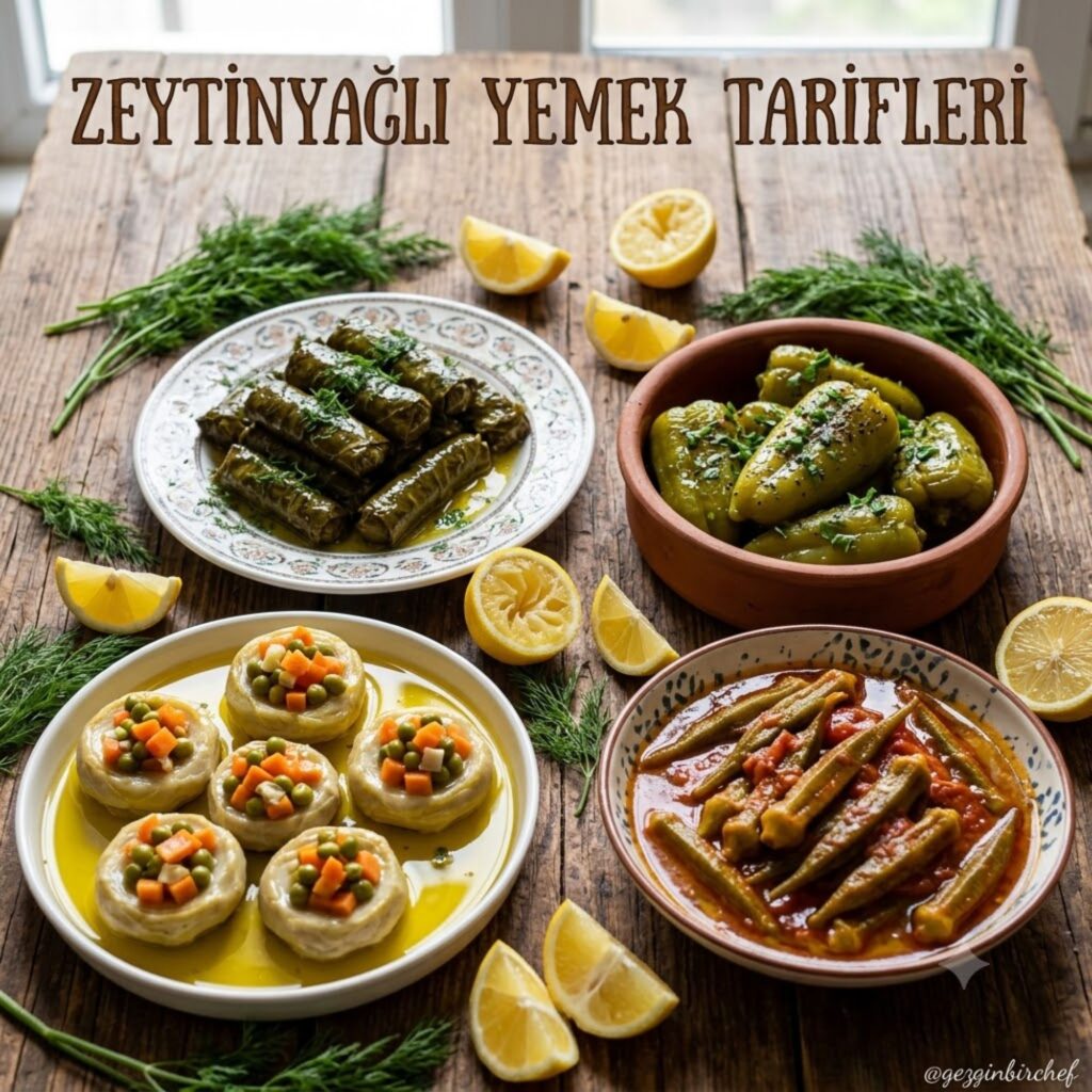 Yaprak sarması, biber dolması, enginar ve bamyadan oluşan zeytinyağlı yemek tabağı bir arada sunuluyor