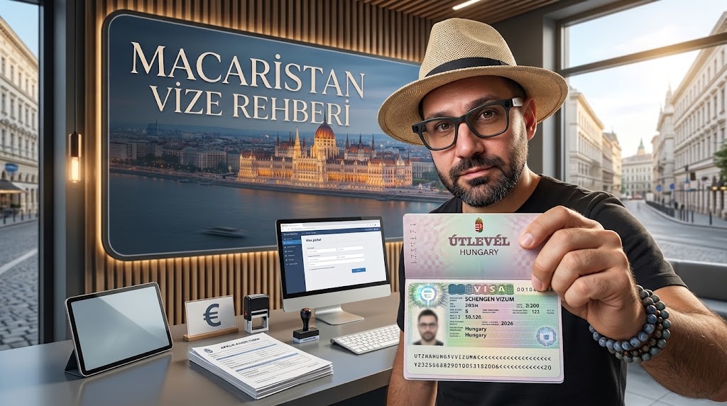 Macaristan Vize Rehberi Macaristan Schengen vizesi için açık pasaport ve evrak dosyası, arka planda Budapeşte Parlamento Binası ve Zincir Köprü çizimi