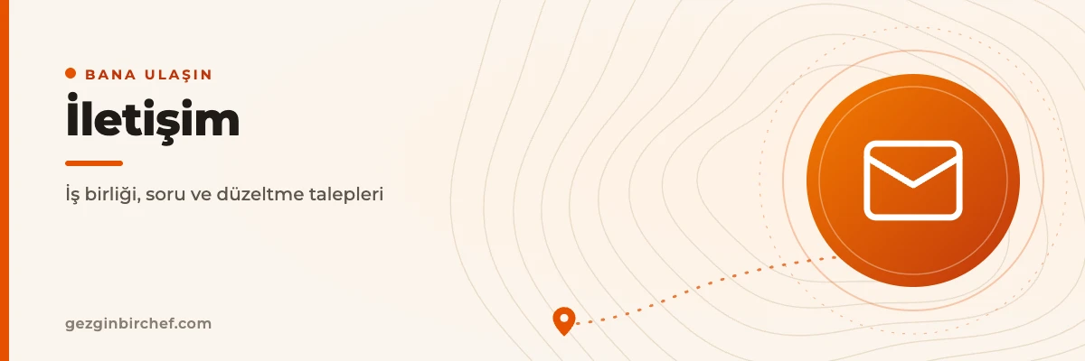 İletişim sayfasının Gezginbirchef kapak görseli, turuncu zarf simgesi