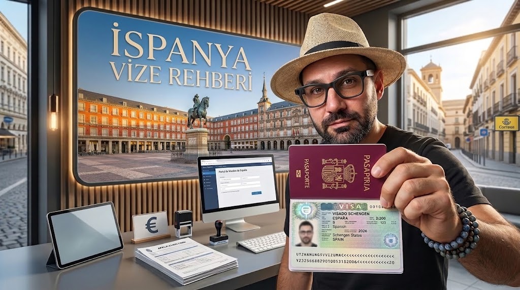 İspanya vizesi için bordo pasaport ve Schengen vize etiketi tutan gezgin, arkada Madrid Plaza Mayor görseli