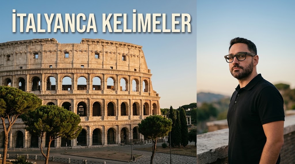 İtalyanca kelimeler rehberi kapağı: Roma’da gün batımında Kolezyum ve yanında Gezginbirchef
