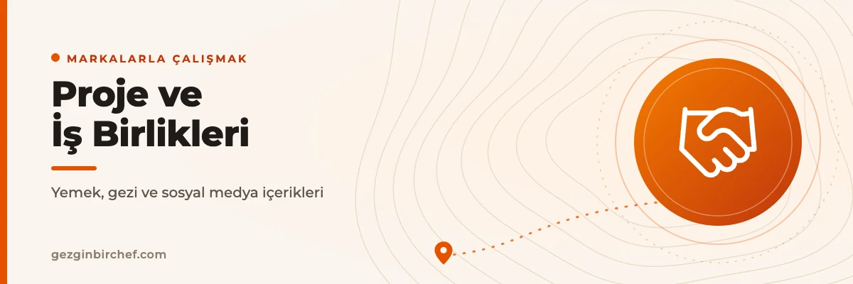Proje ve iş birlikleri sayfasının Gezginbirchef kapak görseli, turuncu el sıkışma simgesi