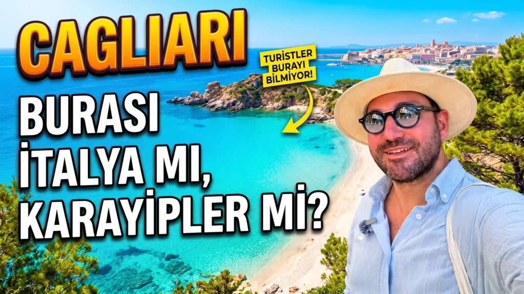 Sardunya Adası (Sardinya): Cagliari, Plajlar ve 7 Günlük Rota Sardunya Adası Cagliari gezi rehberi kapak görseli: turkuaz koy, beyaz kumlu sahil ve arkada şehir silueti