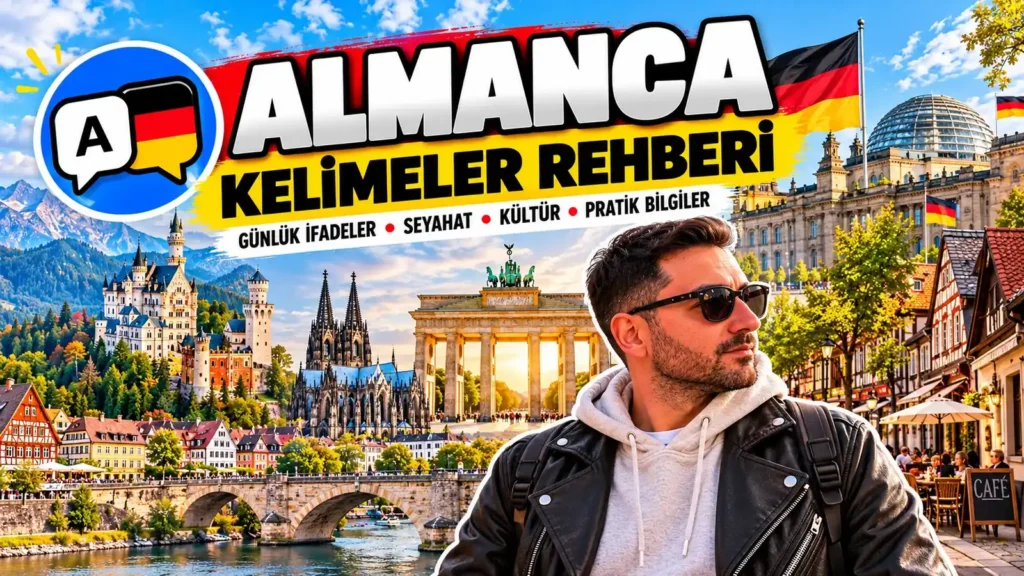 Almanca kelimeler ve okunuşları rehberi kapağı, Brandenburg Kapısı ve Köln Katedrali önünde