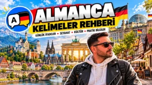 Almanca kelimeler ve okunuşları rehberi kapağı, Brandenburg Kapısı ve Köln Katedrali önünde
