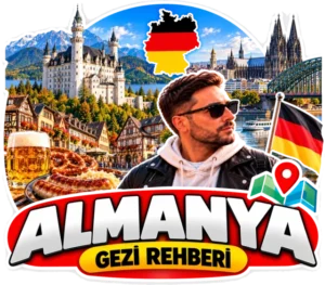 Almanya gezi rehberi rozeti: Neuschwanstein Şatosu, Köln Katedrali, Ren kıyısı ve Almanya bayrağı