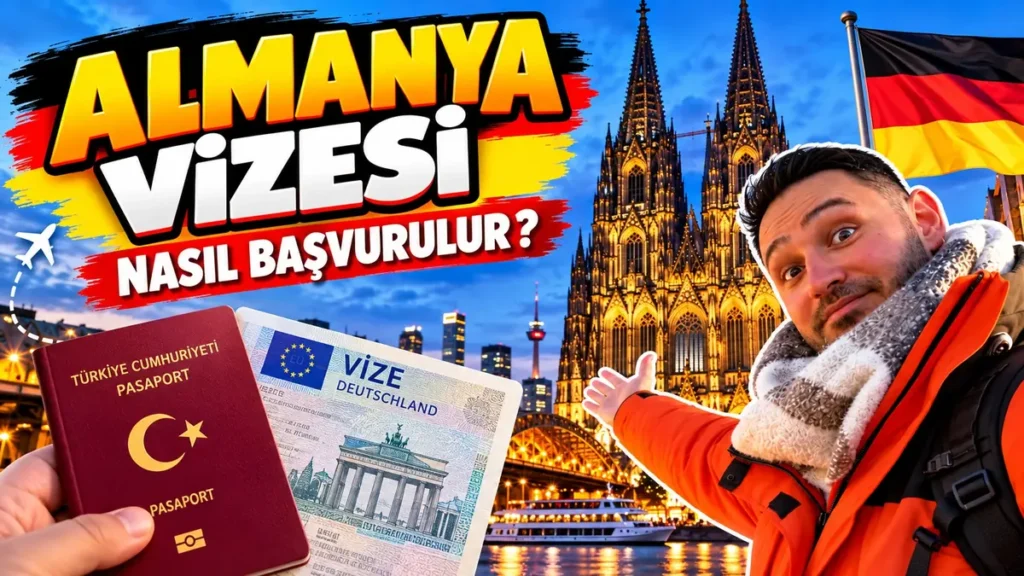 Almanya vizesi nasıl başvurulur: bordo Türk pasaportu ve Schengen vize etiketi, arkada Köln Katedrali