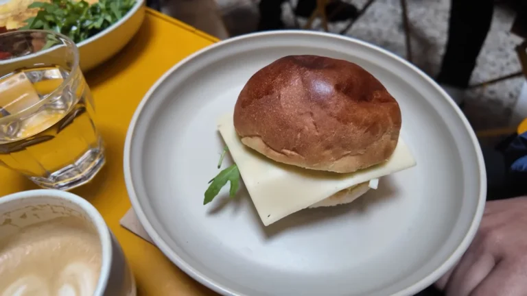 A cheese brioche sandwich and coffee at Anana, Athens