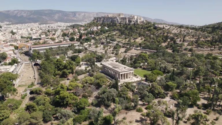Aerial view of the Temple of Hephaestus in the Ancient Agora with the Acropolis behind