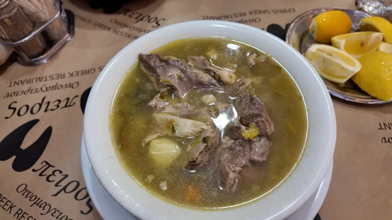 Beef and goat soup served with lemon at Ipeiros, Varvakios Market, Athens