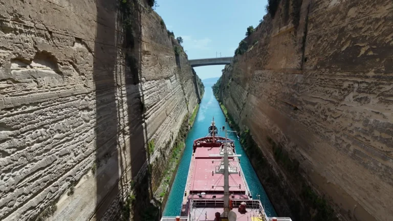 A ship passing between the steep rock walls of the Corinth Canal