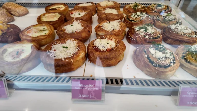 Cheese and spinach croissants in the Overoll display, Athens