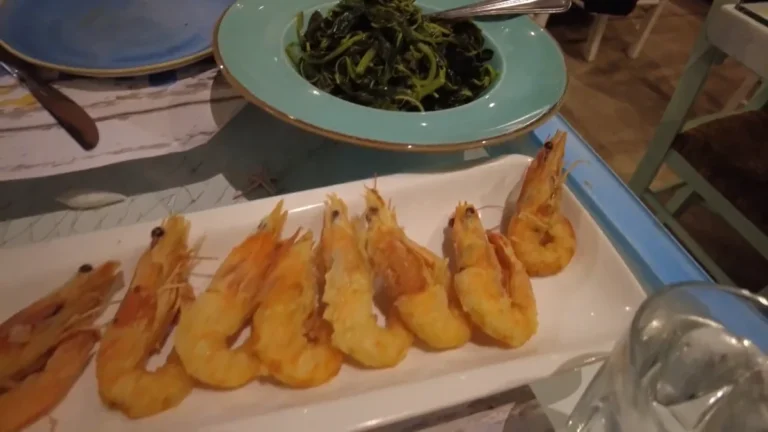 Fried prawns and boiled seasonal greens at Ammos, Mikrolimano, Piraeus