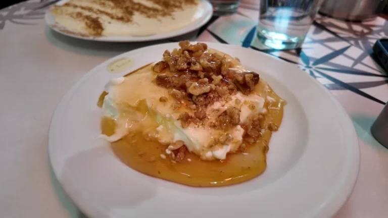 A plate of sheep's milk yogurt with honey and walnuts at Stani, Omonia, Athens