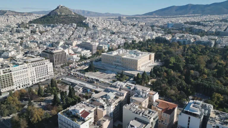 Aerial view of Syntagma Square, Parliament, National Garden and Lycabettus Hill behind