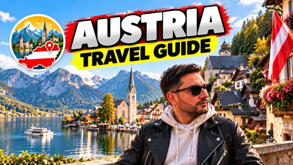 Austria travel guide: Hallstatt church on the lake shore, the Alps and the Austrian flag