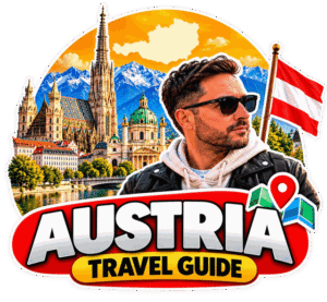 Austria travel guide badge: Halil from Gezginbirchef with Vienna, the Alps and the Austrian flag