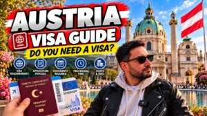 Austria visa guide: traveller in front of Karlskirche, Vienna, holding a passport and a Schengen visa