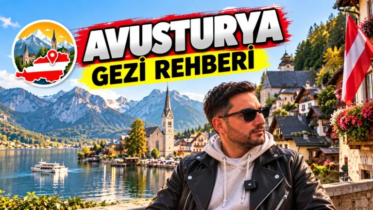 Avusturya gezi rehberi: Hallstatt Gölü kıyısında kilise, Alpler ve Avusturya bayrağı