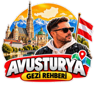 Avusturya gezi rehberi rozeti: Gezginbirchef Halil, Viyana, Alpler ve Avusturya bayrağı