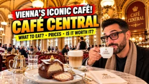 Café Central Vienna: Halil from Gezginbirchef with a Melange and a chocolate dessert under the vaulted ceilings of the coffee house