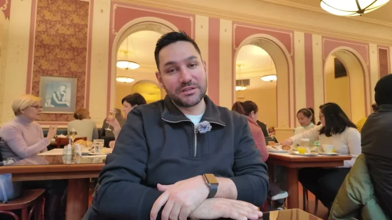 Halil Şımır at breakfast in the historic hall of Café Louvre, Prague
